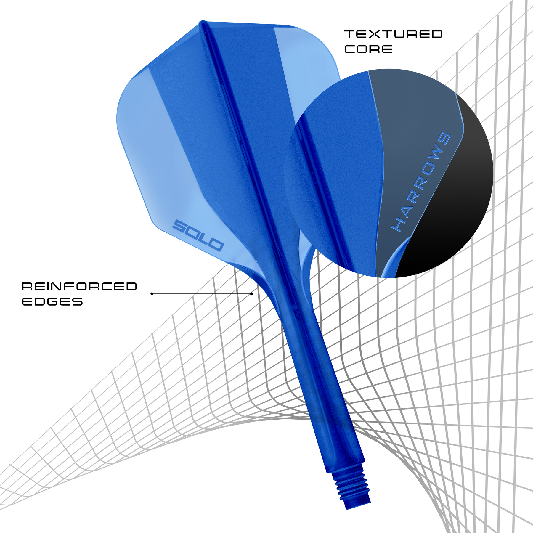 Blue Harrows Solo integrated flight and shaft system with text highlighting features on a white background
