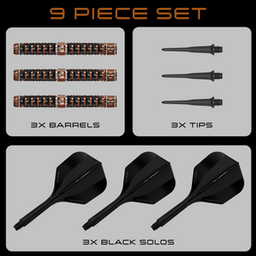 9-piece dart set with barrels, tips, and black solos on a gray background