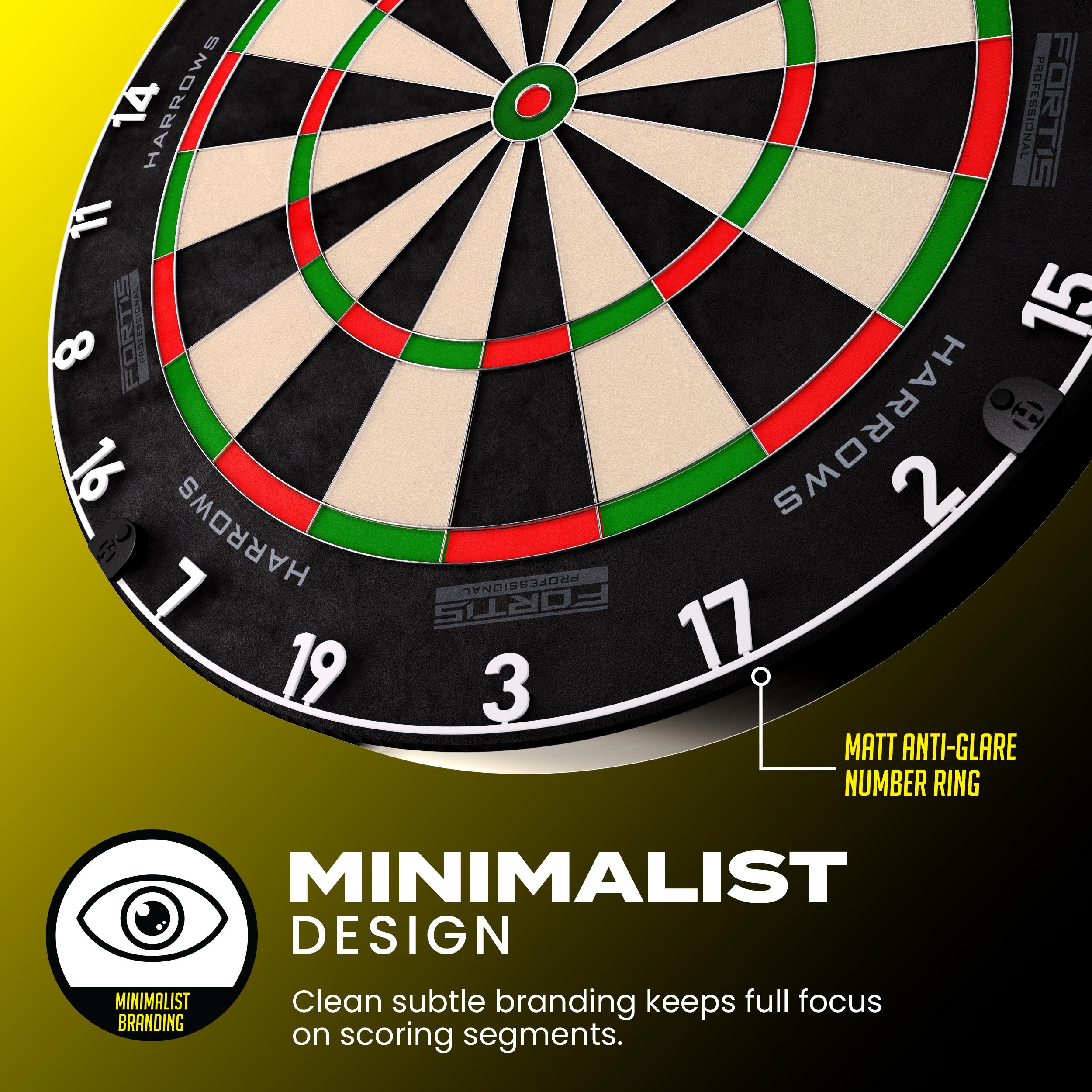 Fortis Dartboard with Harrows branding on a yellow background, featuring minimalist design text.