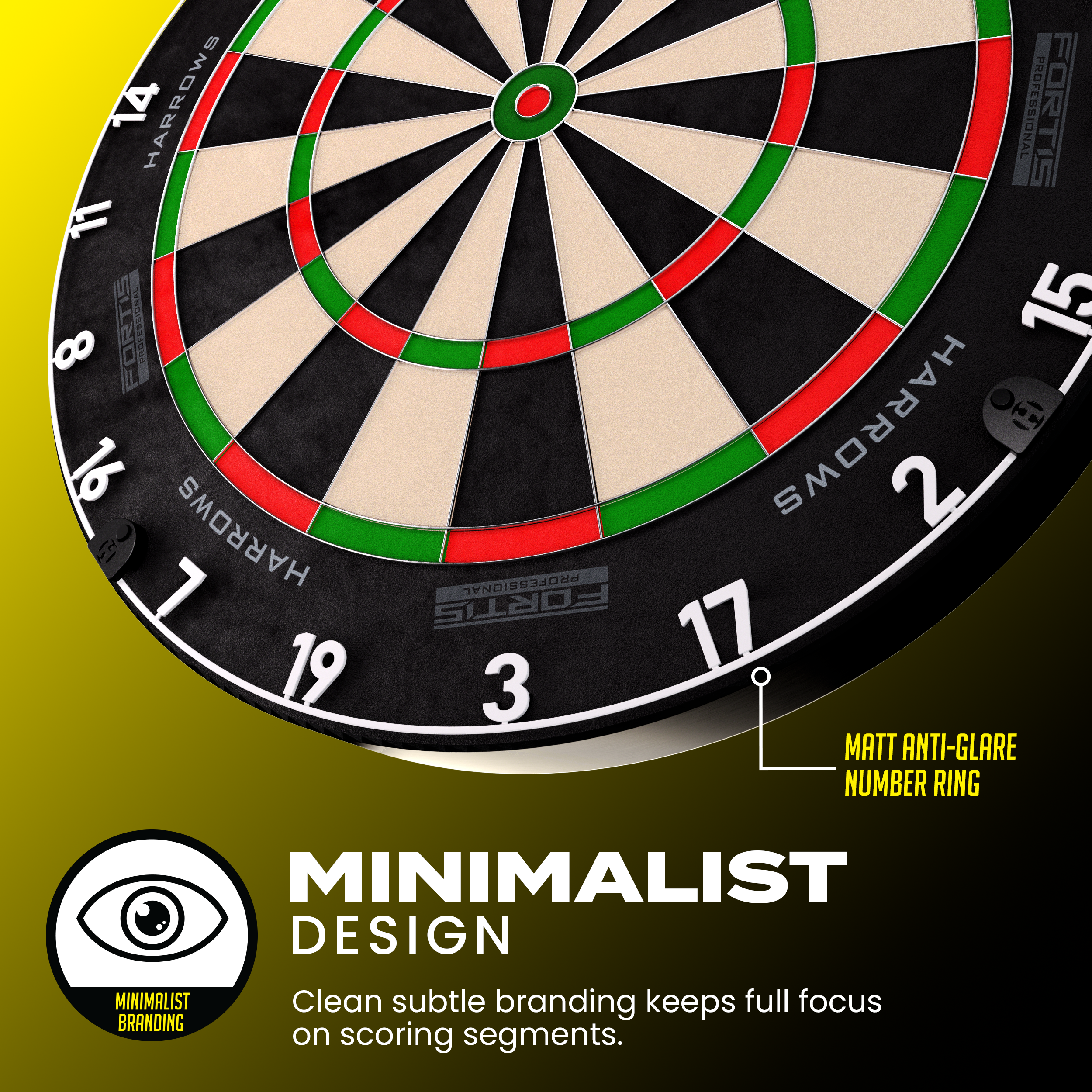 Fortis Dartboard with Harrows branding on a yellow background, featuring minimalist design text.