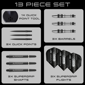 13-piece dart set with quick point tool, barrels, quick points, supergrip shafts, and flights on a black background.