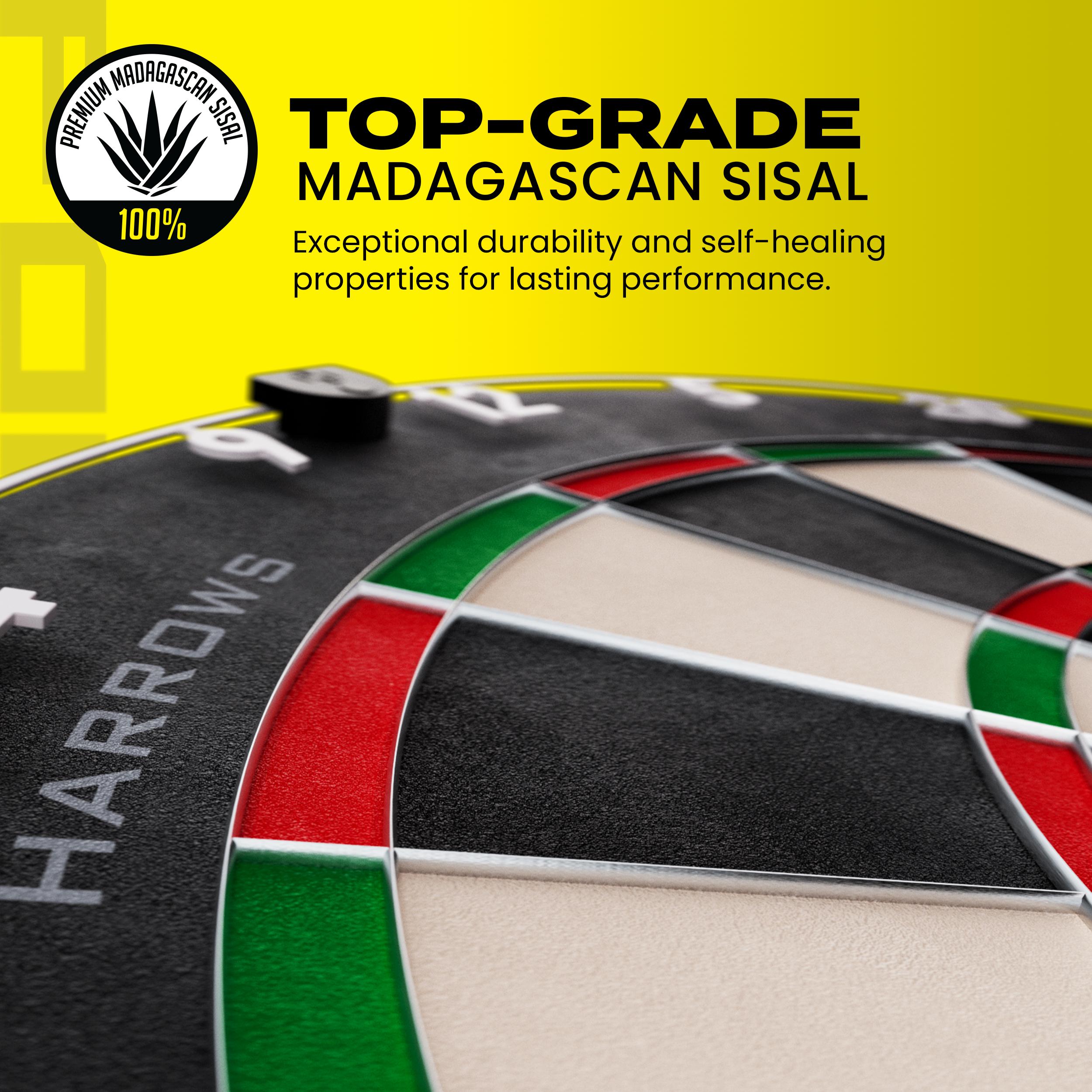 Fortis Dartboard with Harrows branding and top-grade Madagascan sisal text on a yellow background