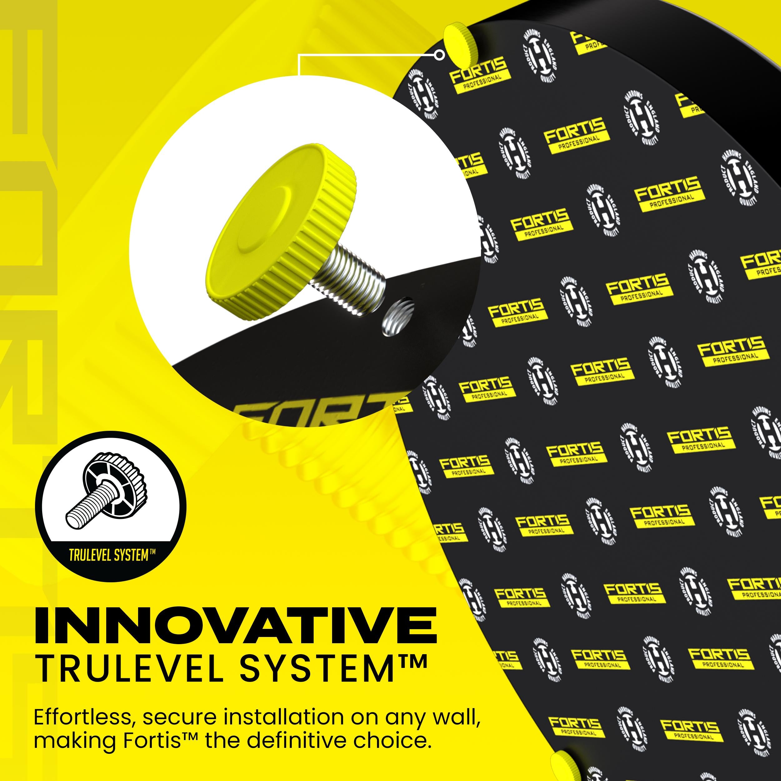 Promotional graphic for Fortis dartboard which features a TrueLevel System with a yellow screw and black background with brand pattern.