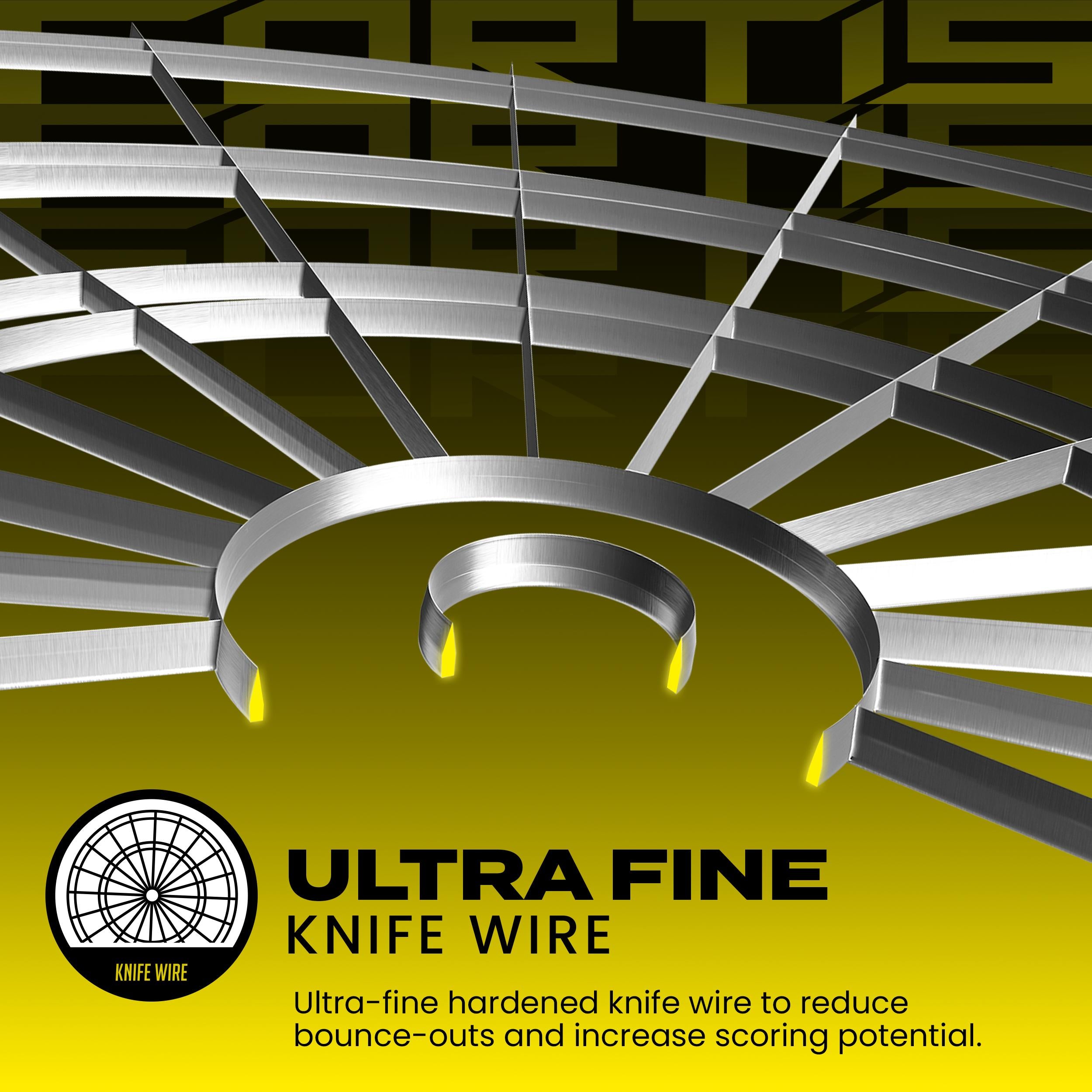 graphic for fortis dartboard which feature Ultra fine knife wire with branding and product description on a yellow background