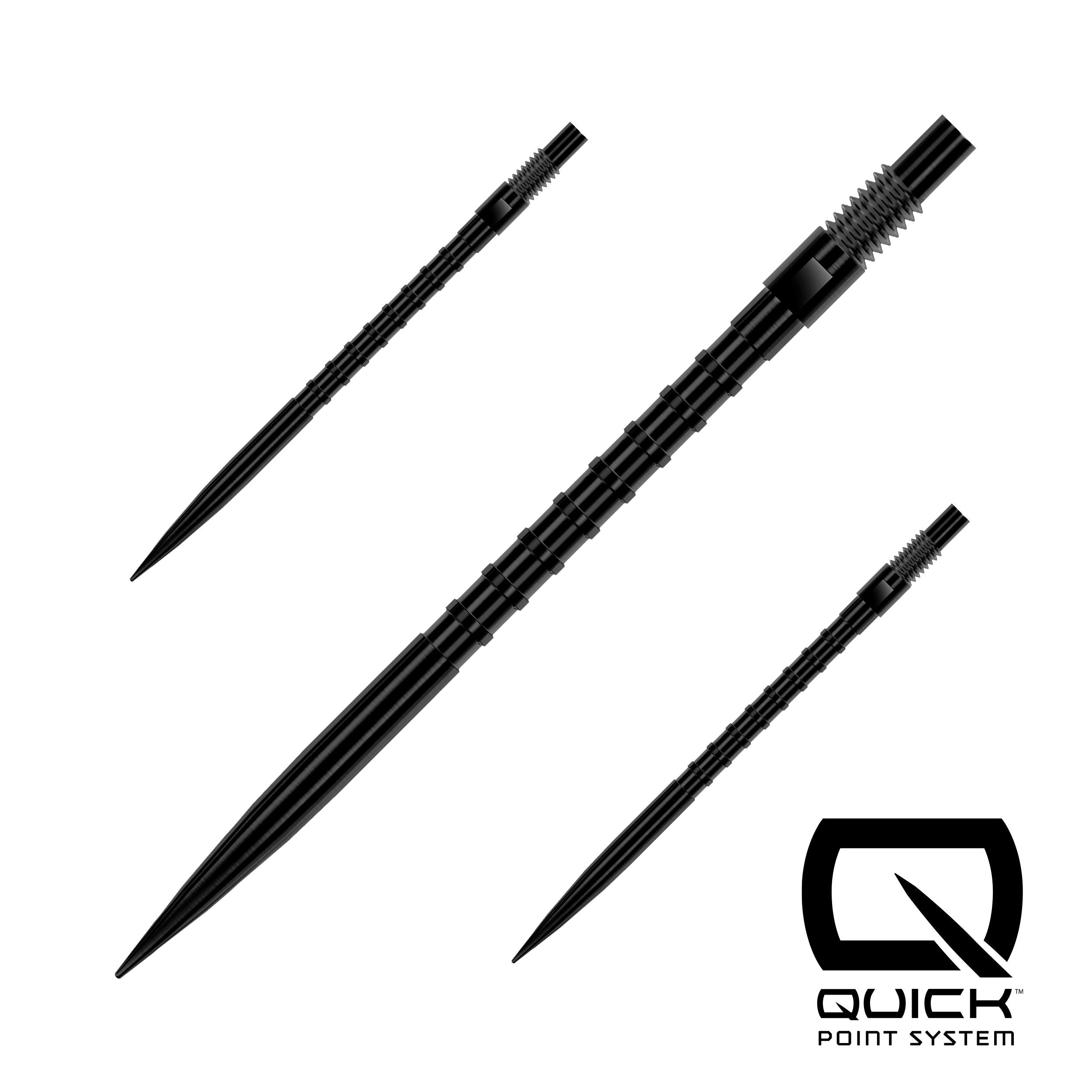 Black dart points with Quick Point System logo on a white background