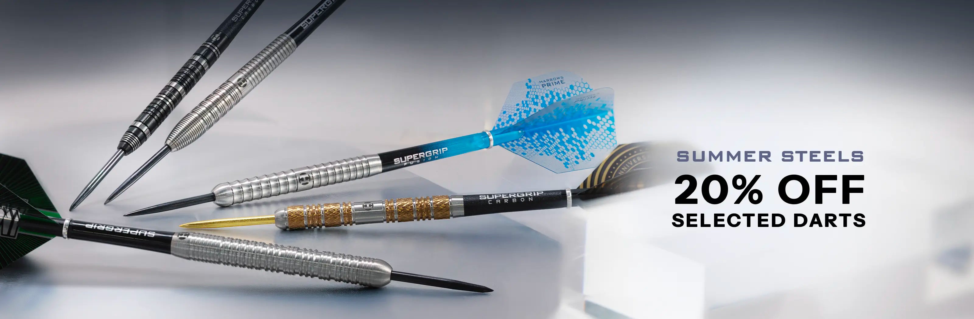 An image with 5 darts on a grey gradient background highlighting a 20% off promotion on darts