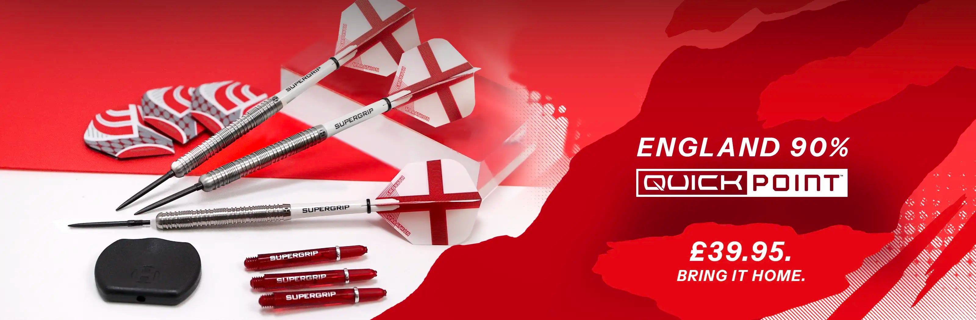 England themed dart, flights, shafts and quick point tool on a red and white football inspired background