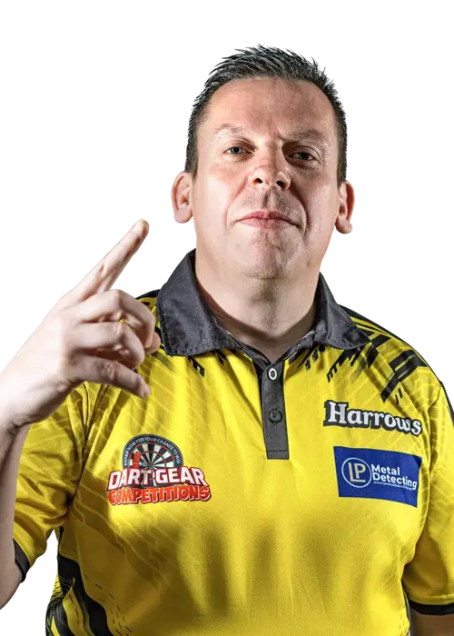 Dave Chisnall wearing a yellow Harows player shirt with various logos