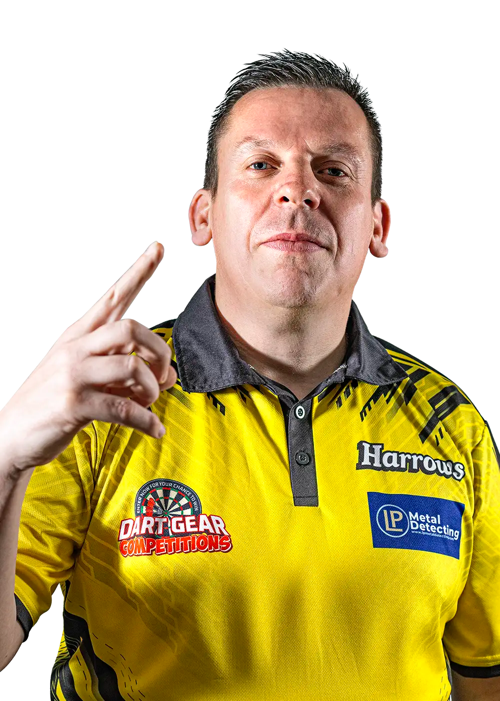 Dave Chisnall wearing a yellow shirt with Harrows and Dart Gear logos, pointing upwards.