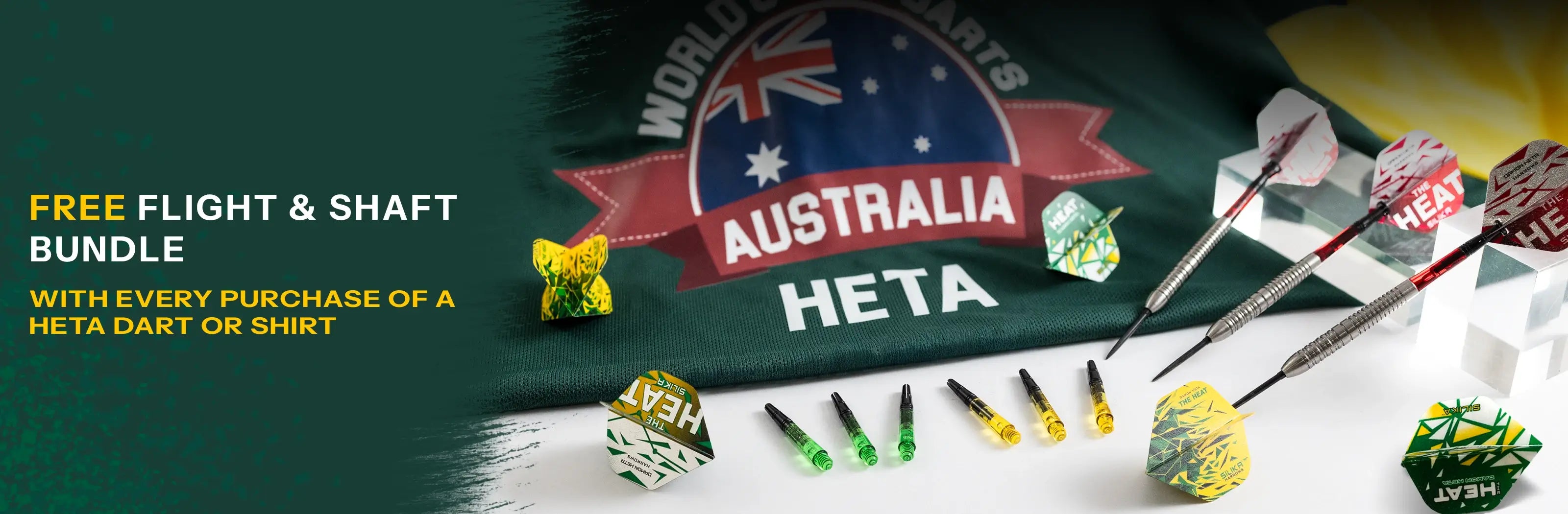 an image of a flight and shaft bundle along with a damon heta australian edition shirt and some darts