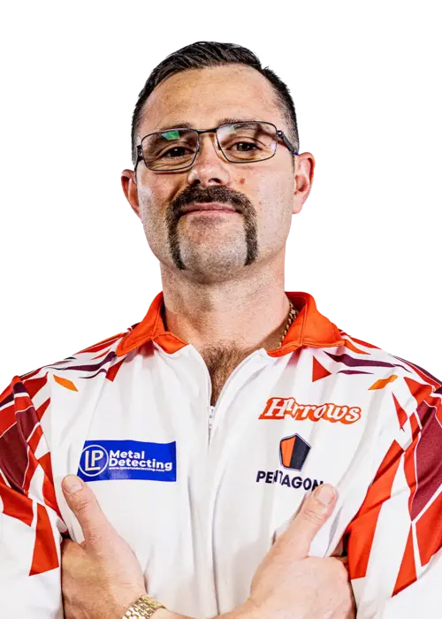 Damon Heta wearing a white and red players shirt with various logos on a white background