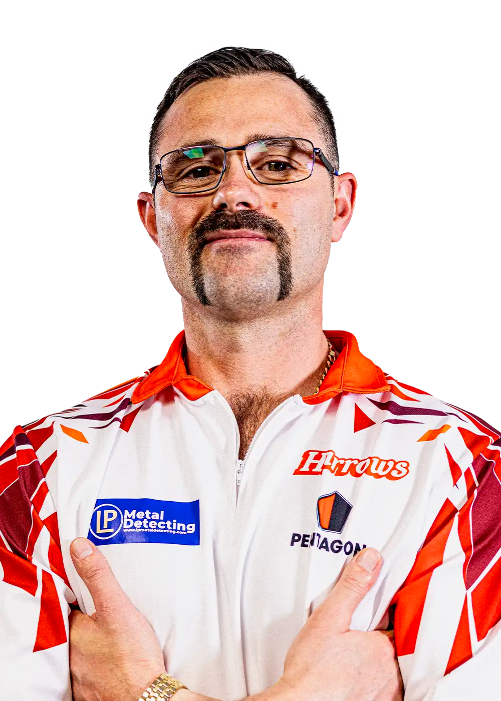 Damon Heta wearing a red and white Harrows shirt with logos on a white background