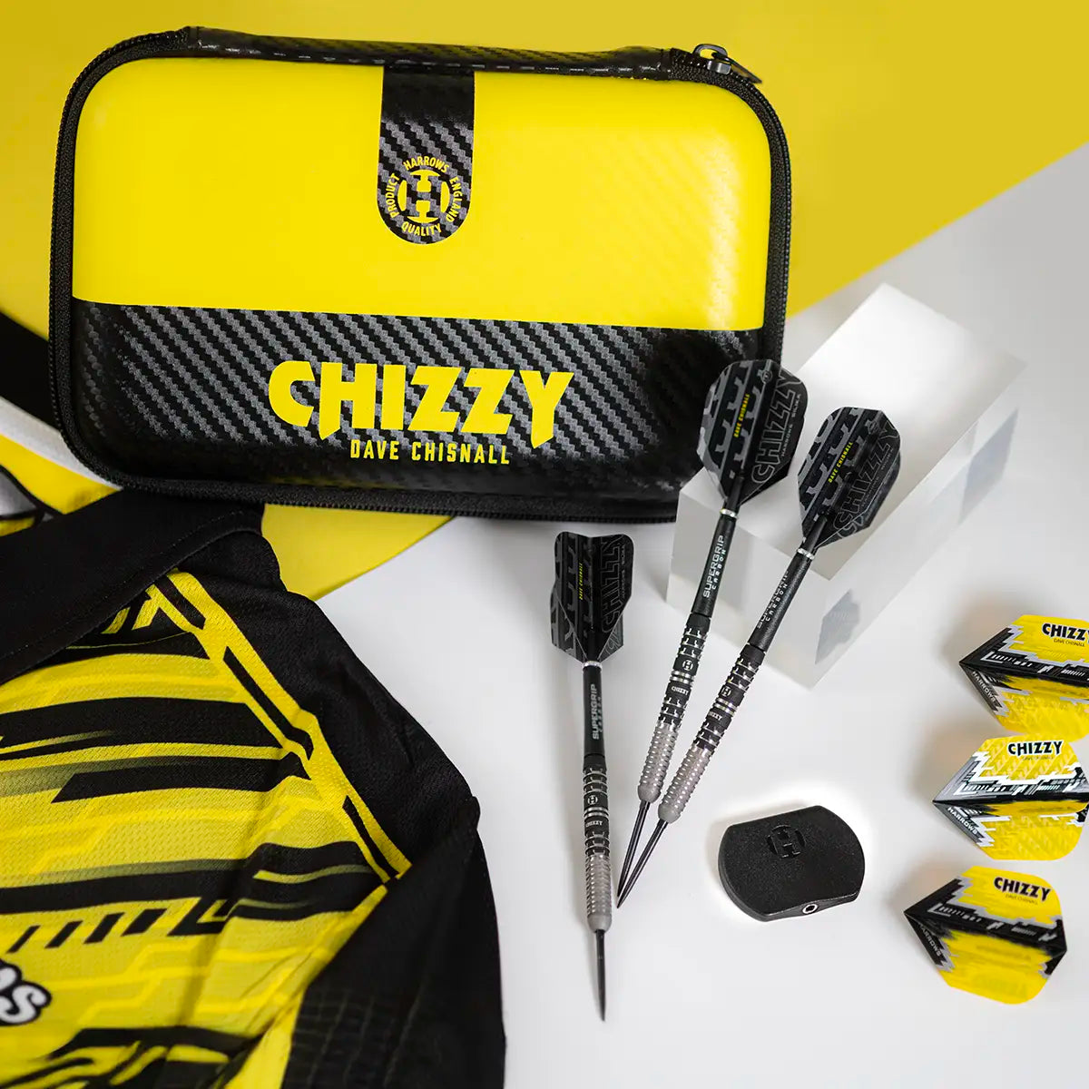 Dave Chisnall Yellow and black darts case with darts and accessories on a white background
