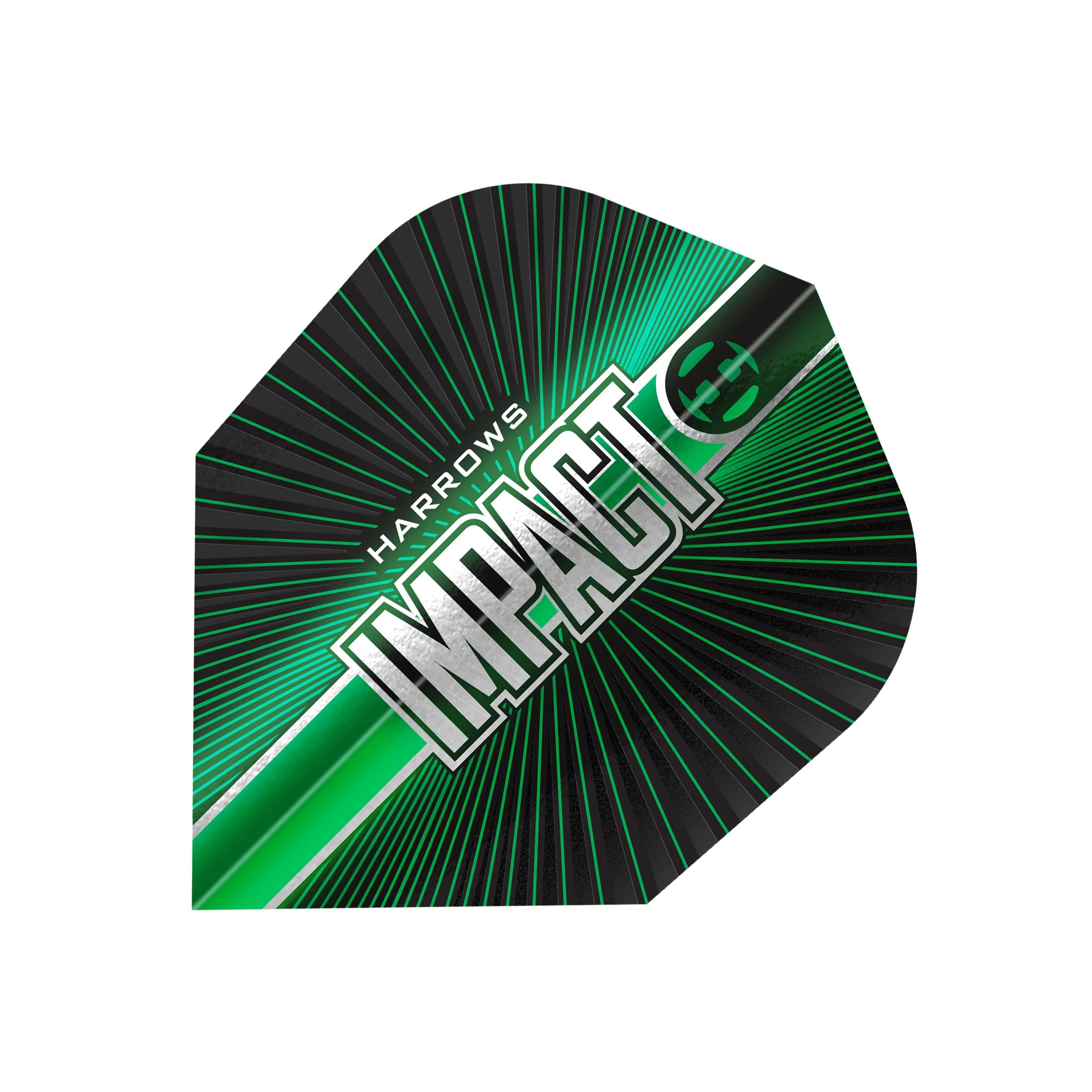 A single dart flight with a black and green sunburst design, featuring the text 'HARROWS IMPACT' in white and silver, on a solid white background.