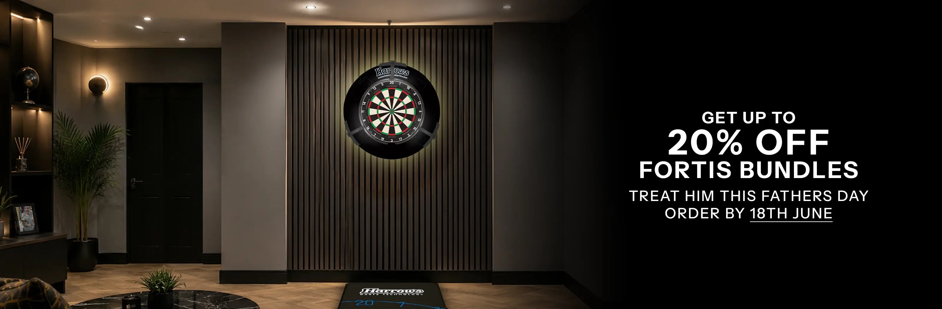 a premium room picture containing a fortis board, surround, trilight and a darts mat
