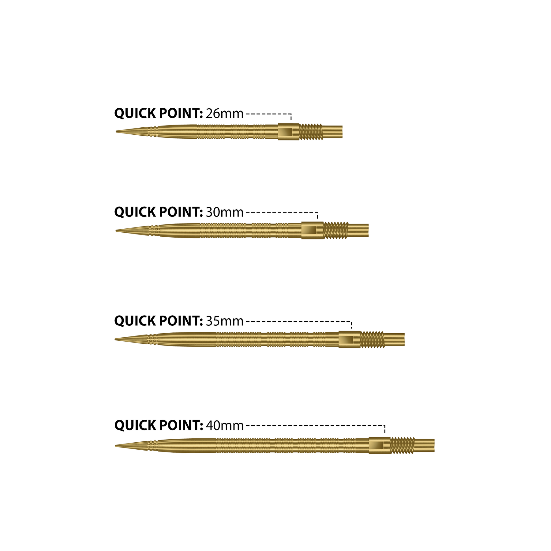 Set of gold dart points labelled with measurements on a white background
