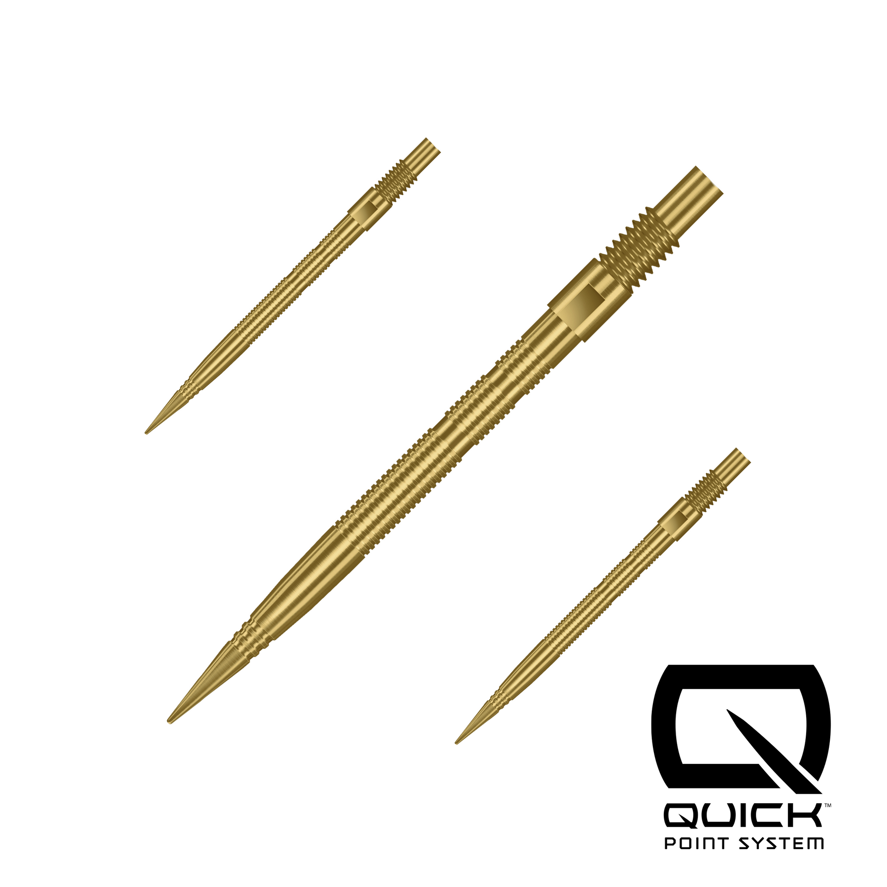 Gold dart points with Quick Point System logo on a white background