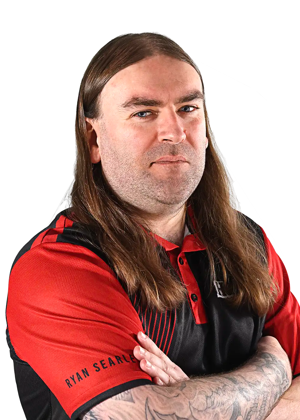 Ryan Searle wearing a red and black Harrows shirt with visible branding