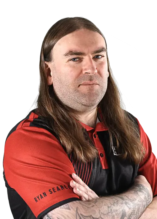 Ryan Searle wearing a red and black players shirt with visible branding