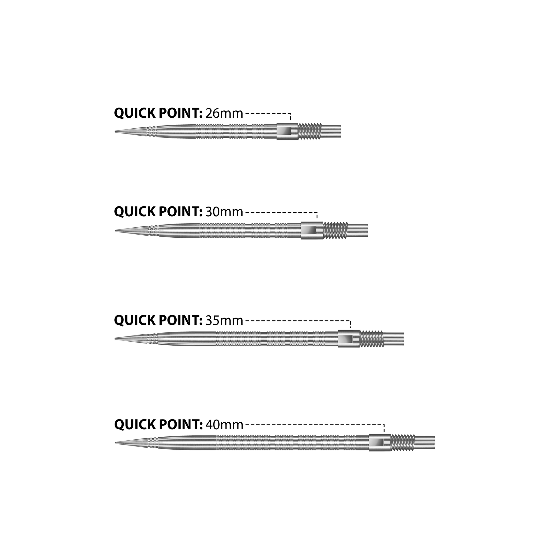 Set of darts with varying lengths labeled 'Quick Point' on a white background