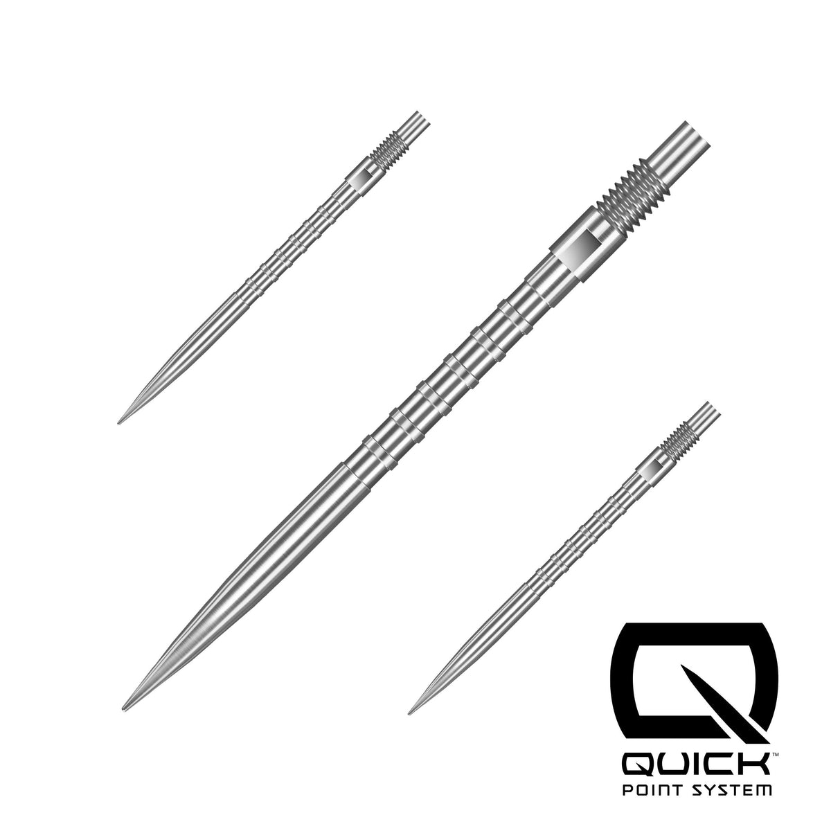 Three metal dart points with a Quick Point System logo on a white background