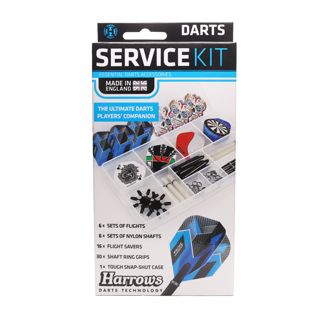 A dart service kit in a blue and white color scheme, including various dart accessories, displayed in a clear plastic snap-shut case.