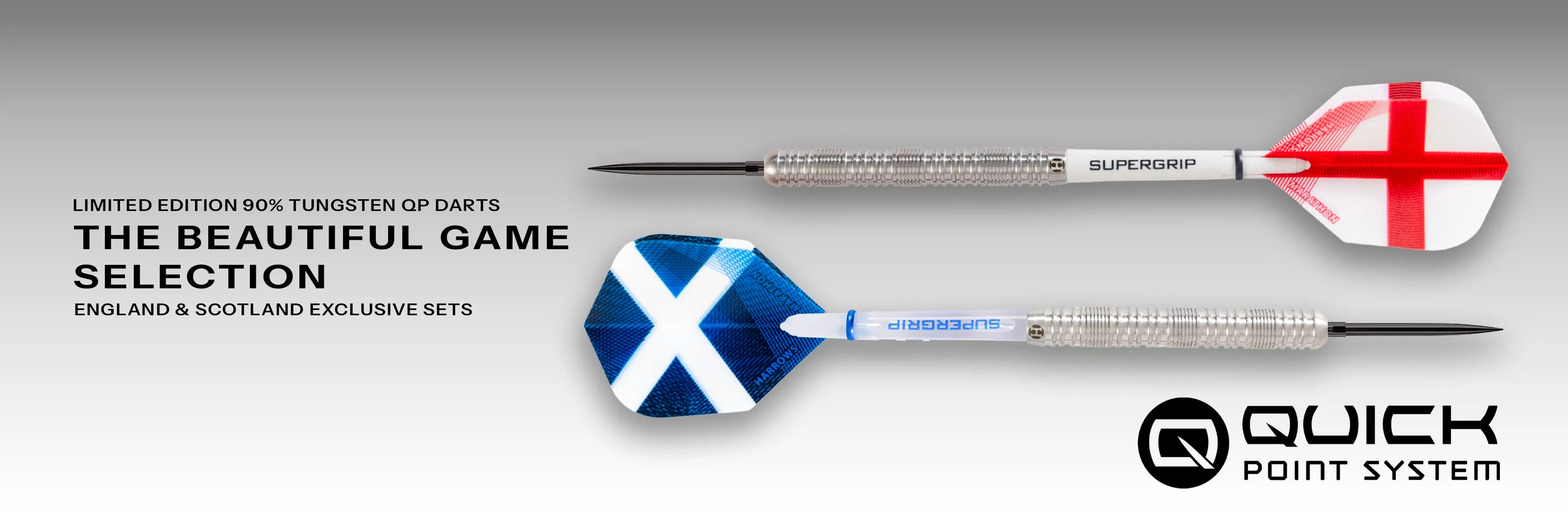 Two darts with Scottish and English flags on a gray background, featuring the Quick Point System logo.