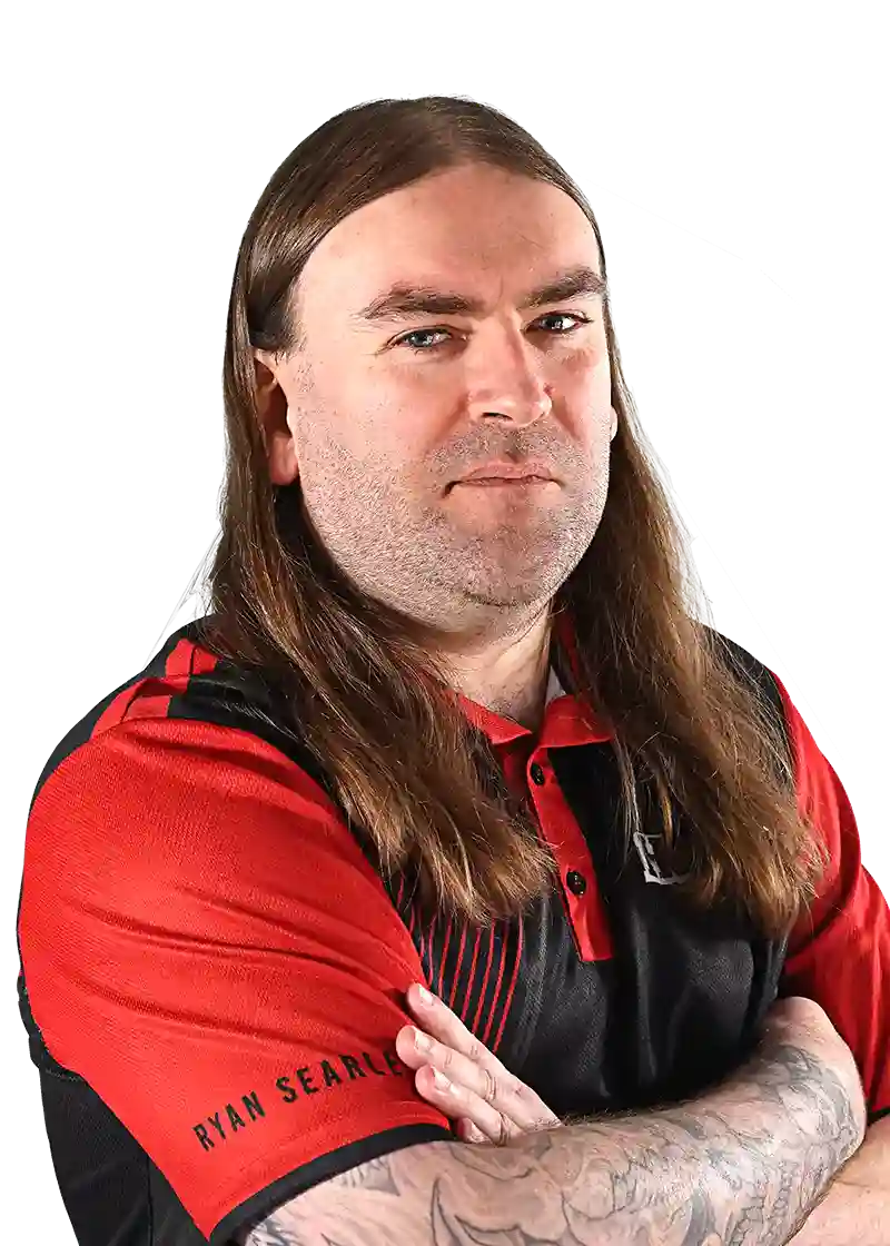 Ryan Searle wearing a red and black Harrows Player shirt with 'Ryan Searle' branding.
