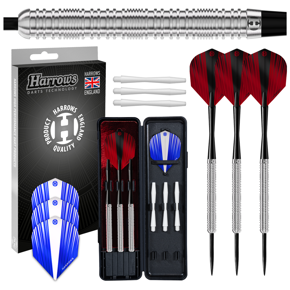 Harrows Caliber 90% Tungstène - Jeu De 16 Fléchettes Pointe Acier 21g à 30g Avec Tiges, Ailettes Et Étui De Voyage