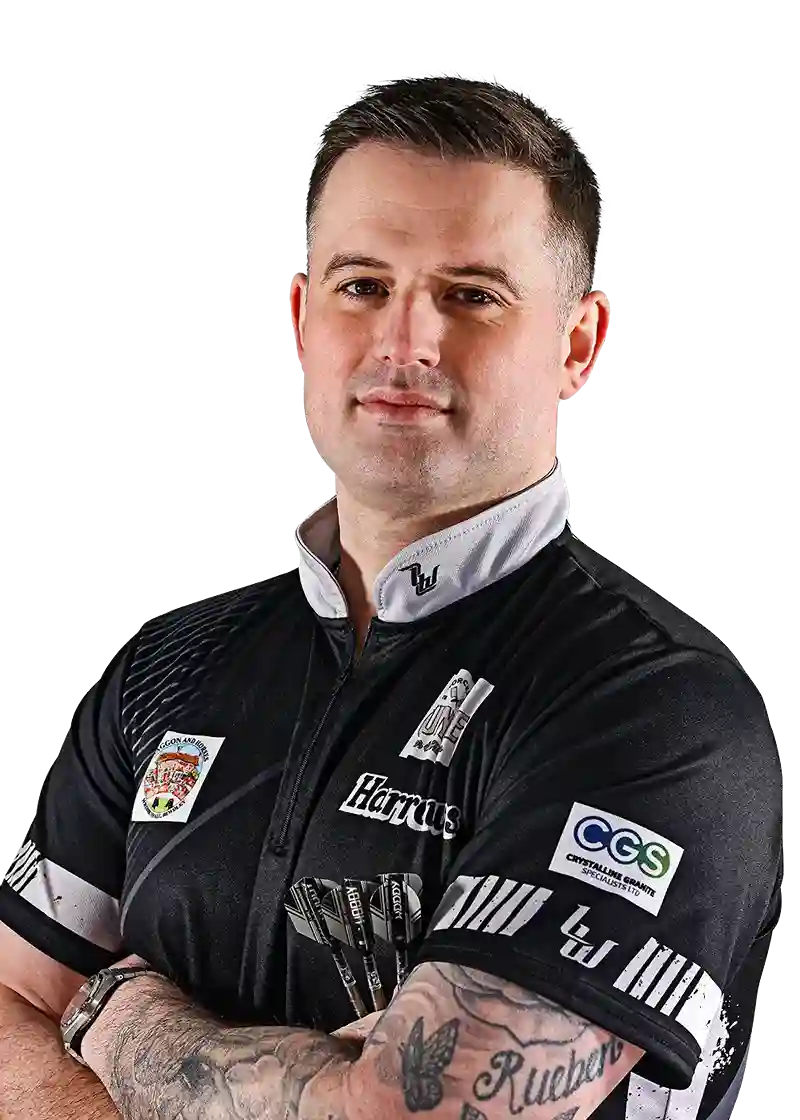 Luke Woodhouse wearing a black sports Harrows player shirt with visible branding on a white background